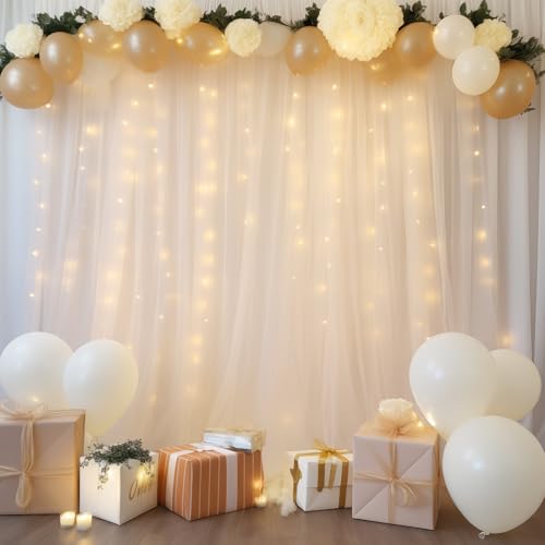 10ft x 8ft White Backdrop Curtain with Lights String for Parties, Sheer Tulle Wedding Photo Backdrops Drapes for Baby Show...