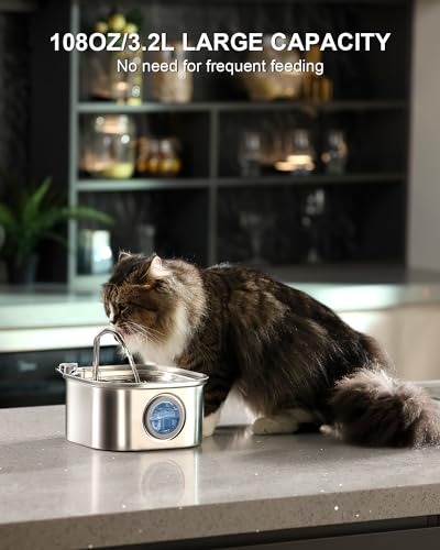 NautyPaws Cat Water Fountain Stainless Steel: 108oz/3.2L Automatic Pet Water Fountain - Dog Water Dispenser with Water Lev...