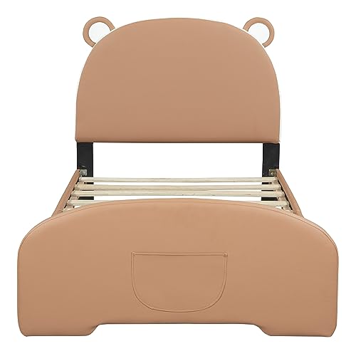 SOFTSEA Twin Size Upholstered Platform Bed with Bear-Shaped Headboard and Footboard, Twin Size Bed Frame with Wooden Slats Support, Brown+White