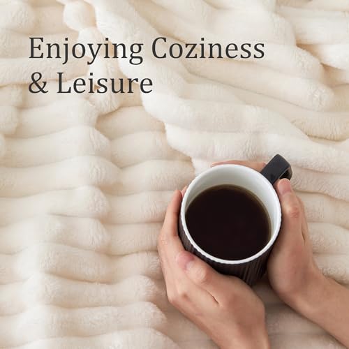 BEDELITE Fleece Throw Blanket for Couch - 300GSM Soft & Warm Fluffy Cream White Blanket, Decorative and Giftable Striped B...