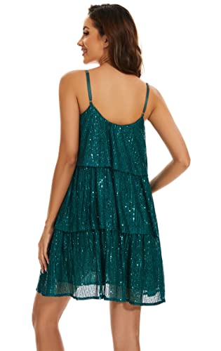 FANSI NOVA Women's Glitter Sequin Dress Adjustable Spaghetti Strap V Neck Fashion Sparkle Layered Evening Party Dress