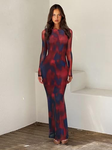 REORIA Women's Spring Mesh Sheer Long Sleeve Wedding Guest Dress Sexy Floral Bodycon Maxi Long Dresses