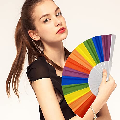 Heyiminy Rainbow Pride Folding Fan – 9in Handheld Clack Fan for Raves, Festivals & Parades – Reliable Cloth with Sturdy Pl...