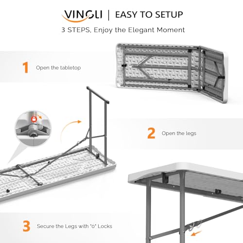 VINGLI 6 FT Narrow Folding Table, Tabletop Folded in Half, Premium Quality HDPE Material and Sturdy Metal Frame, Perfect f...