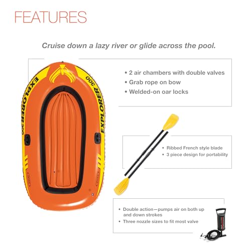 INTEX Explorer Inflatable Boat Series: Dual Air Chambers – Welded Oar Locks – Grab Handles – Bow Rope – Sporty Design