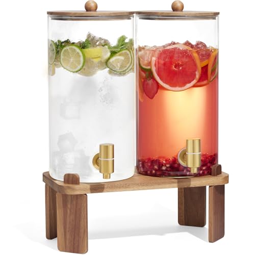 2 PCS 1.5 Gallon Drink dispenser, Glass Beverage Dispenser With Wood Stand, Large Water Drink Dispensers for Parties With ...