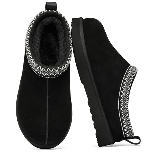bebealy Genuine Suede Fuzzy Slippers for Women Winter Warm House Shoes Cozy Mini Boots for Indoor Outdoor