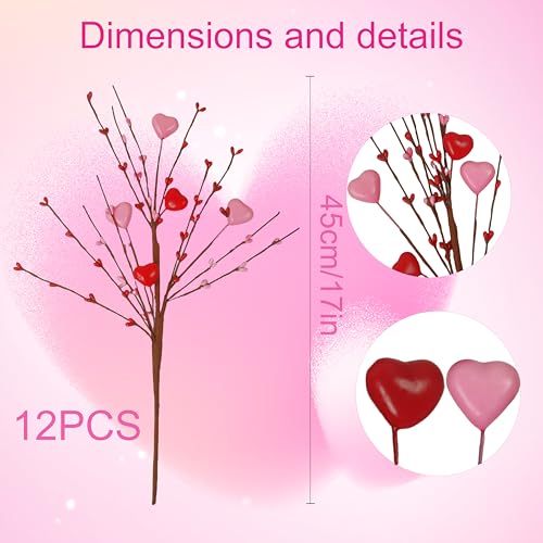 zjlmit Valentine's Day Picks, 12 Pieces Artificial Pink Heart Shaped Berry Branches, 17.7 Inch Valentine's Day Heart Picks...