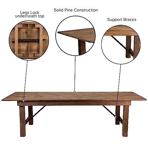 Flash Furniture Hercules Series 9' x 40" Rustic Solid Pine Folding Dining Table, Rectangular Antique Farmhouse Dining and ...