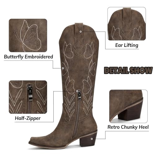 wetkiss Cowboy Boots for Women Knee High Cowgirl Boots - Butterfly Embroidered Zipper Chunky Heel Boot, Casual, Festivals,...