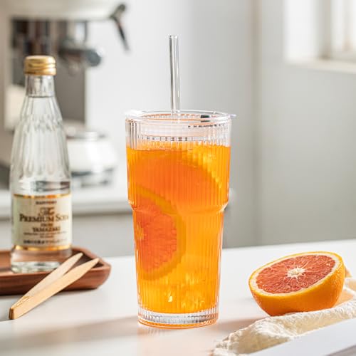 INSETLAN 20 oz Ribbed Glass Tumblers with Lids and Glass Straws – 2-Piece Glassware Set, Heavy-Duty Tumblers, Ideal for Ic...