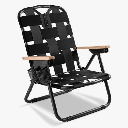 CleverMade Kove Midnight Black Beach Camping Chair, Hands Free Carrying Strap + Real Wood Handles & 2 Cup Holders, Foldabl...