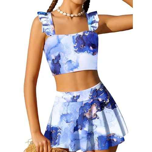Arshiner Girls Swimsuit 3 Piece Bathing Suits Cute Bikini Tankini Sets Teen Ruffle Swimwear with Cover Up Skirt