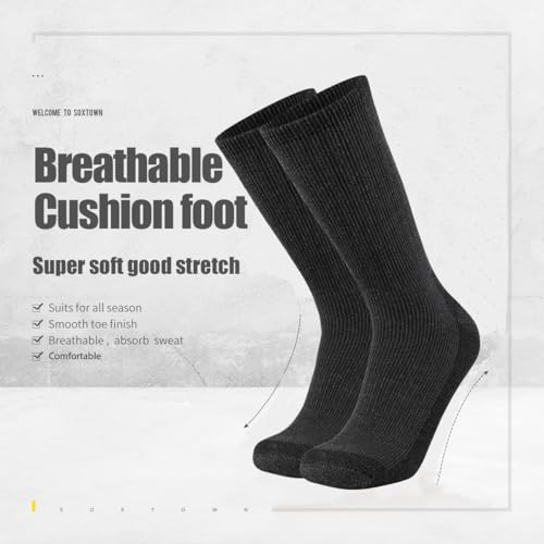 SOX TOWN Men's Merino Wool Cushion Crew Socks Moisture Wicking Control for Outdoor Hiking Work Boot Thermal Warm All Seasons