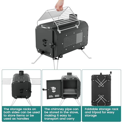 Cast Iron Portable Wood Burning Camping Stove, Compact Tent Stove with Chimney Pipe & View Glass for Ice Fishing, Hiking, ...