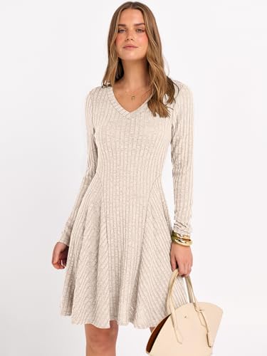 ANRABESS Women Long Sleeve Ribbed Knit Short Dresses 2025 Fall Winter V Neck Casual Swing A Line Sweater Dress