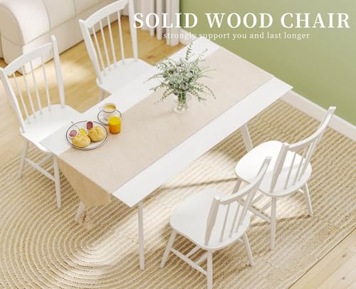 ROCITY Wooden Dining Chairs Set of 4 Mid Century Modern Kitchen Chairs with Spindle Back/Solid Wood Frame Vintage Windsor Chairs for Dining Room, White
