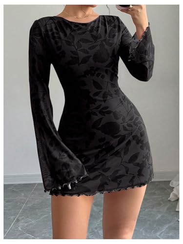 MakeMeChic Women's Floral Print Long Sleeve Mini Dress Mesh Backless Y2k Going Out Dresses