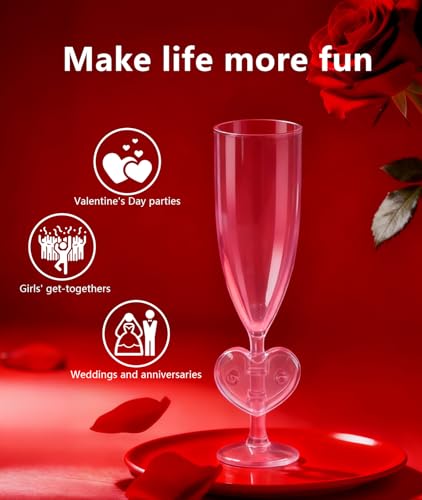 Irosiy 12-Pack Pink Heart Stem Plastic Champagne Flutes - Sweet Romantic Cups for Bridal Showers, Baby Showers, Valentine’...
