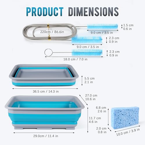 Tacare CPAP Cleaning kit Hose and Mask Brush with Collapsible Wash Basin Tub，Sponge and Storage Hag，6.9ft Extra Long Hose Brush, Compatible with 15mm and 22mm Hoses