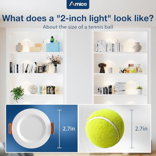 Amico 12 Pack 2 Inch 5CCT Ultra-Thin LED Canless Recessed Ceiling Light with Junction Box, 2700K/3000K/3500K/4000K/5000K S...