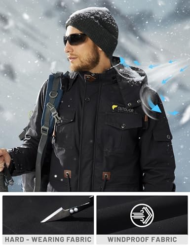 TACVASEN Men's Winter Jacket Cotton Military Jackets Fleece Lined Thick Work Warm Cargo Coats with Hooded