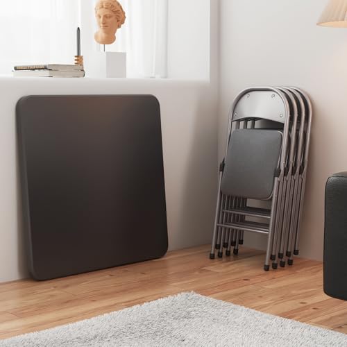 VECELO 5 Piece Folding Card Table Square and Chairs Set, Collapsible Legs & Portable for Indoor/Outdoor, Picnic, Black & D...