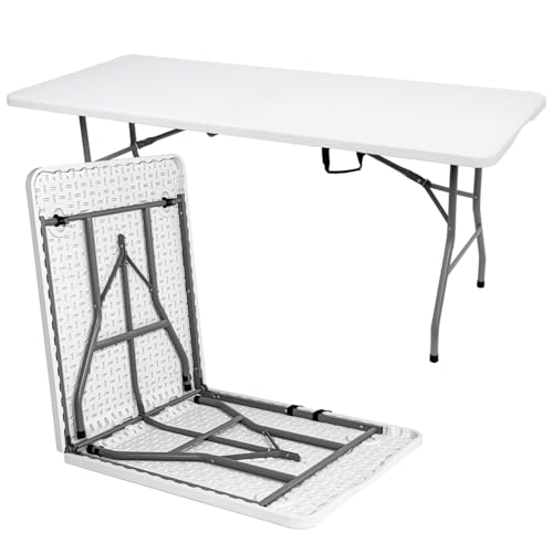 HUZJIEHUI 70.8" W X 29" D X 29" H - 6 ft Folding Table White Portable Heavy Duty Plastic Fold-in-Half Utility Foldable Tab...