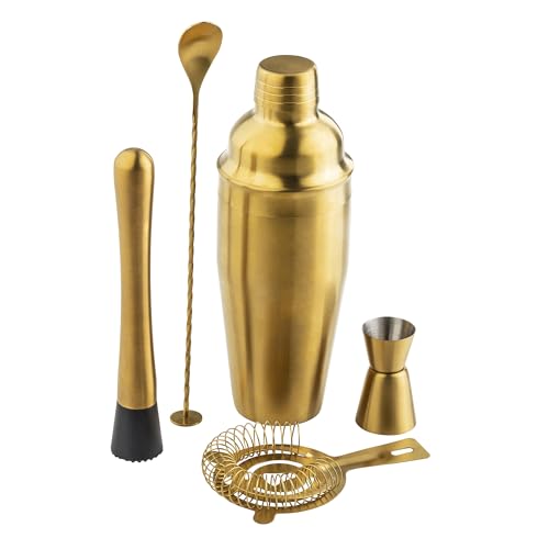 TableCraft 11779 5-Piece Bar Kit Gold – Stainless Steel Cocktail Shaker Set with 24 oz Shaker, Jigger, Strainer, Muddler &...