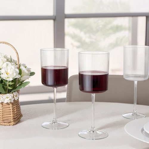 Ciaell 12 PCS Plastic Ribbed Wine Glasses - 10 OZ Plastic Square Wine Glasses with Stem - Disposable Champagne Cups for Pa...