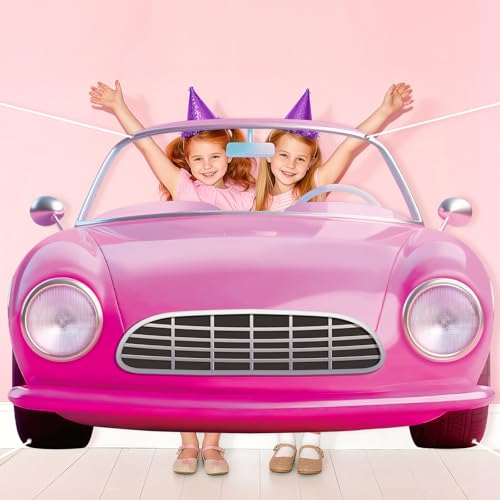 Pink Car Girls Birthday Decorations Pink Car Shaped Backdrop for Doll Girl Princess Let's Go Party Photo Booth Props Bache...