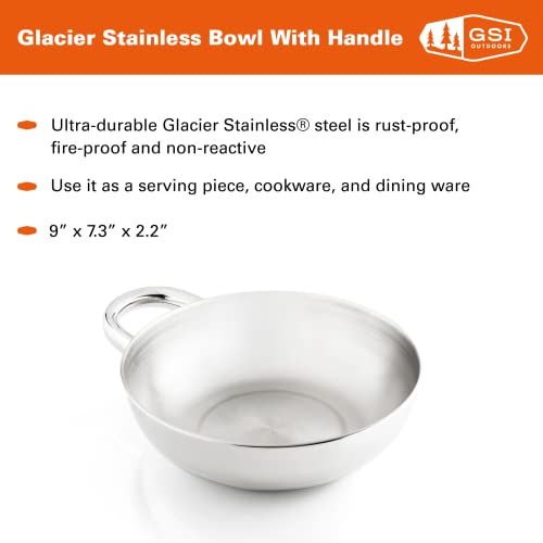 GSI Outdoors Glacier Stainless Bowl I 9-inch Stainless Steel Camping & Travel Bowl with Handle