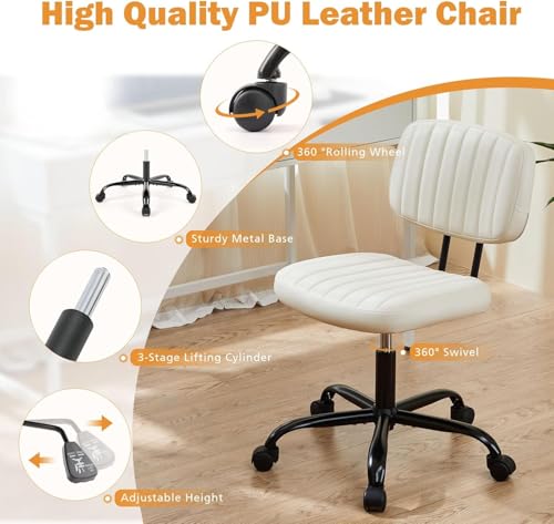 Sweetcrispy Small Office Desk Chair - Armless PU Leather with Comfy Lumbar Support, Height Adjustable Rolling Swivel Task ...
