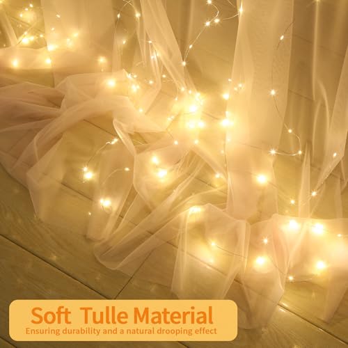Pink Tulle Backdrop Curtain with String Lights, 2 Panels 5×8FT Sheer Wrinkle-Free Pink Backdrop Drapes for Wedding, Bridal...