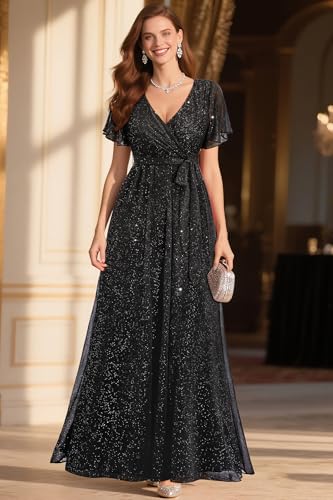 Pinup Fashion Formal Gowns and Evening Dresses - Glitter Prom V Neck Flutter Sleeve A-line Long Dress with Belt