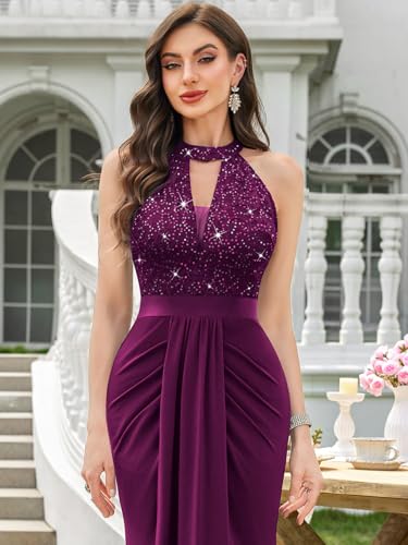 Miusol Women's Elegant Halter V-Neck Lace Sequin Pleated Formal Evening Maxi Dress