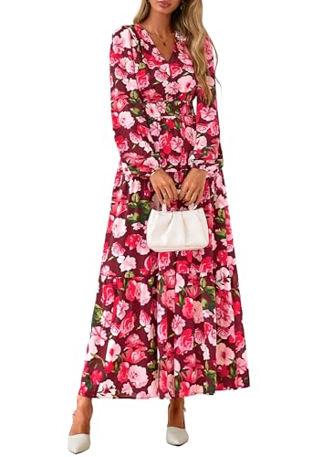 PRETTYGARDEN Long Sleeve Maxi Fall Dresses for Women 2026 Vneck Smocked Boho Floral Tiered Swing Flowy Wedding Guest Dress