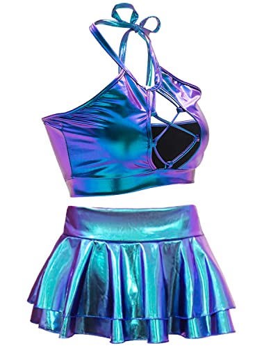 SFBBCLOZ Women's Rave Outfit Sets For Women Festivals 2 Pcs Metallic Tops Skirt EDM Party Club Holographic Rave Outfits