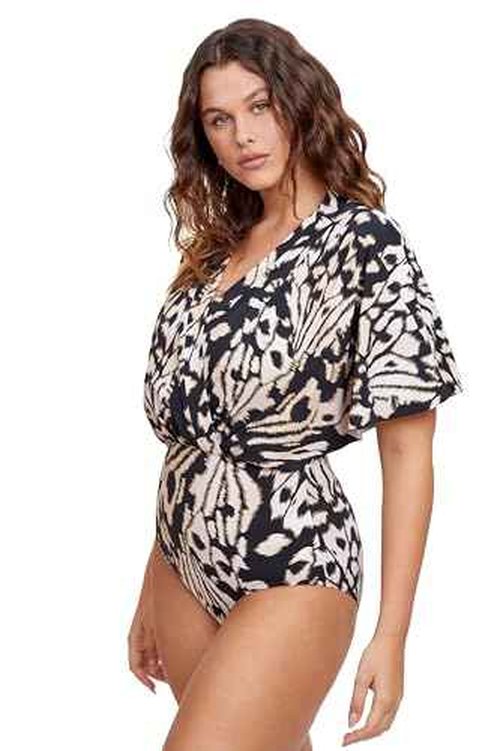 Gottex Women's Standard Modest Printed Blouson with Short Sleeves, One Piece Swimsuit, Black