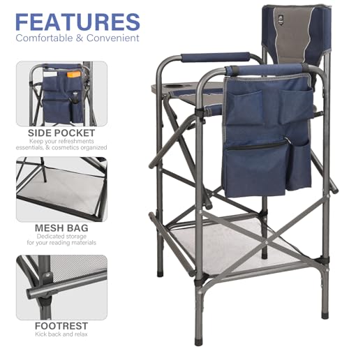 LANMONTAIN Folding Tall Director Chairs,30.7'' Seat High Makeup Solan Chairs,Portable Camping Chair w/Side Table Functiona...