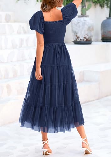 PRETTYGARDEN Women's Smocked Midi Tulle Dress 2026 Summer Puffy Short Sleeve Square Neck Ruffle Wedding Guest Party Dresses