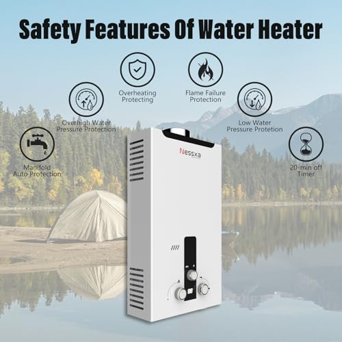 Nessxa Tankless Water Heater Propane with Digital Display, 4.76 GPM 18L Portable Instant Hot Gas Water Heater with Overhea...
