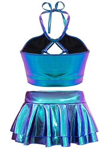 SFBBCLOZ Women's Rave Outfit Sets For Women Festivals 2 Pcs Metallic Tops Skirt EDM Party Club Holographic Rave Outfits