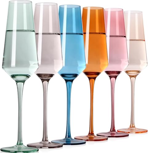 TrophyToast Colored Champagne Flutes Set of 6, Large 8 Oz【Hand Blown】 Crystal Wine Glasses, Lead-Free Colored Wine Glasses...