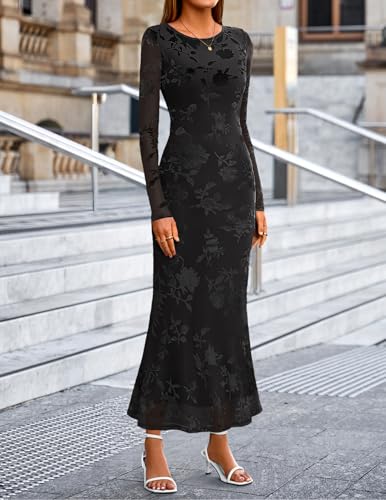 MEROKEETY Women's 2026 Spring Wedding Guest Maxi Dress Long Sleeve Bodycon Floral Mesh Fall Cocktail Formal Party Dresses