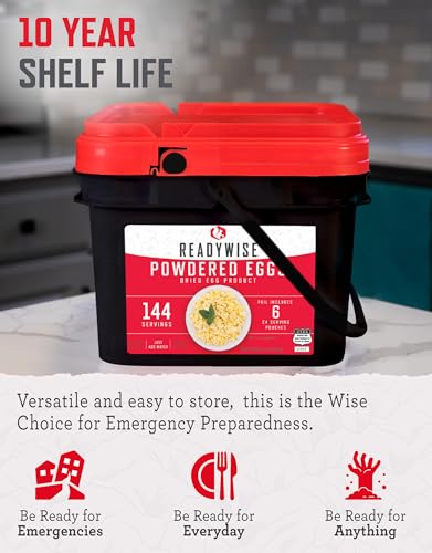 ReadyWise Emergency Food Supply - 144 Servings Freeze Dried Powdered Eggs Bucket, Protein Meals, Survival Food, Backpackin...