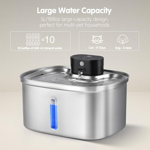 Wireless Cat Water Fountain Stainless Steel, 5L/169oz Automatic Pet Water Dispenser with 5000mAh Battery, 3 Modes (Sensor/...