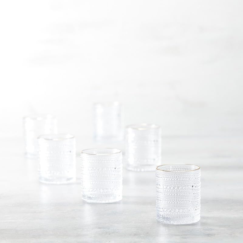 Fortessa Jupiter Beaded Hobnail Glass, 10 Ounce Double Old Fashioned (Set of 6), Gold Rim Clear