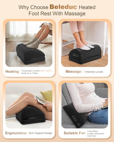 Foot Rest for Under Desk at Work, Heated Foot Stool with Vibration Massage, Adjustable Height Memory Foam Foot Stool,2 Hea...