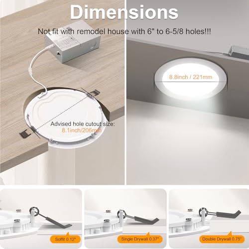 LZHOME 12 Pack 8 Inch LED Recessed Lighting with Junction Box Ultra-Thin, 3000K/4500K/6000K Selectable, 8" Dimmable Canles...